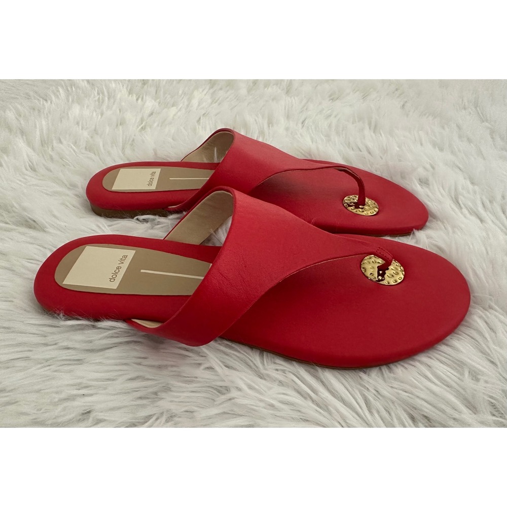 Dolce Vita Red Leather Toe-Loop Slide Sandals with Gold Accents